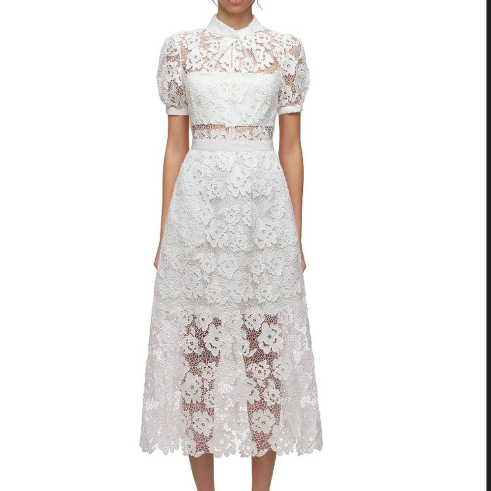Self-Portrait White Lace Midi Dress